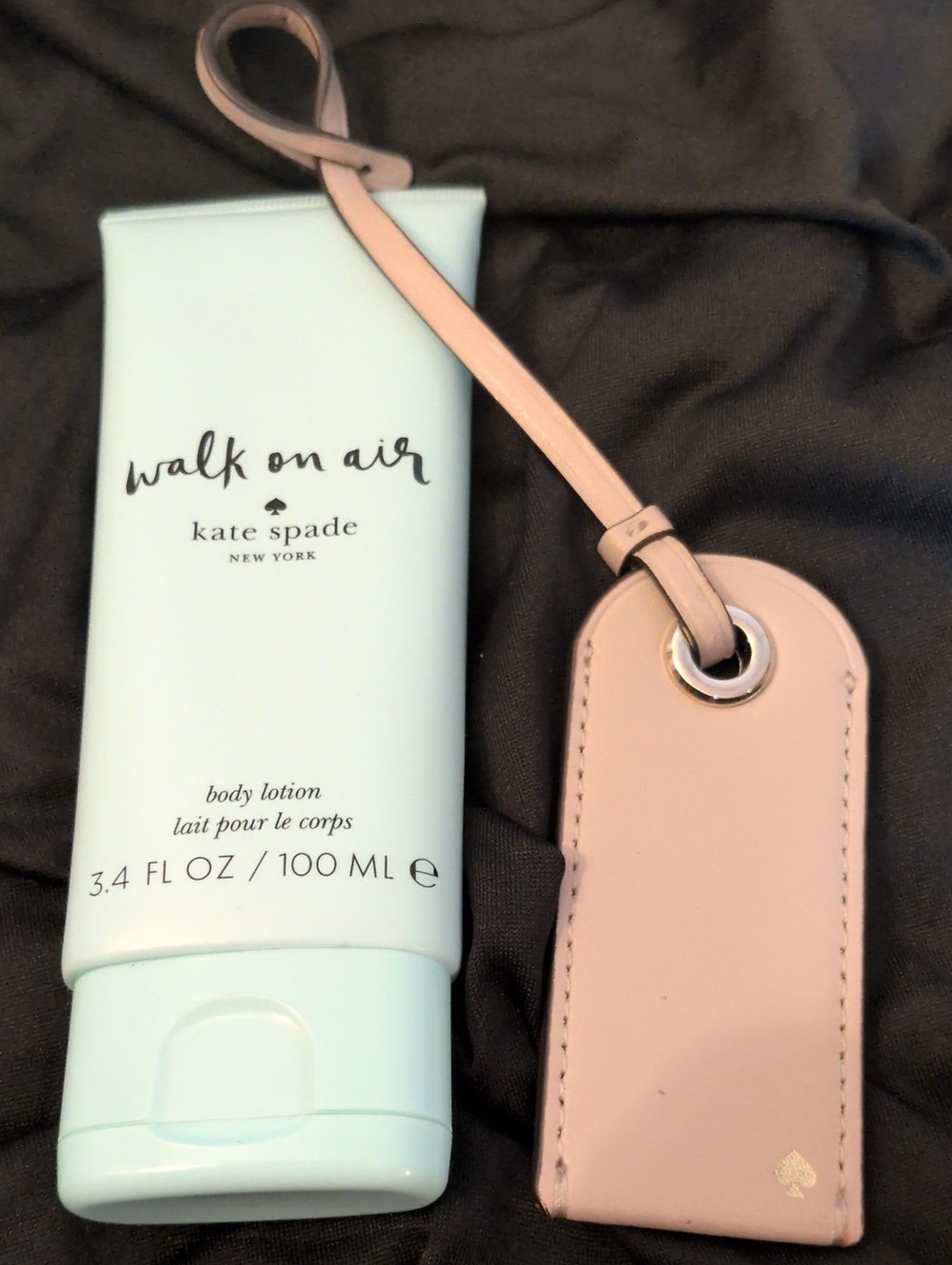 kate spade "Walk On Air" Body Lotion with Tan Leather Bag/ Luggage Tag